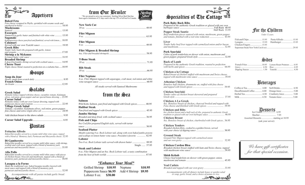 the cottage restaurant dinner menu regina