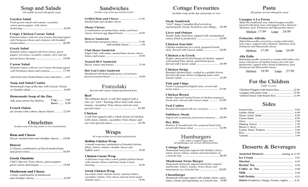 the cottage restaurant lunch menu regina